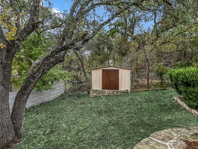 view of yard with a storage shed