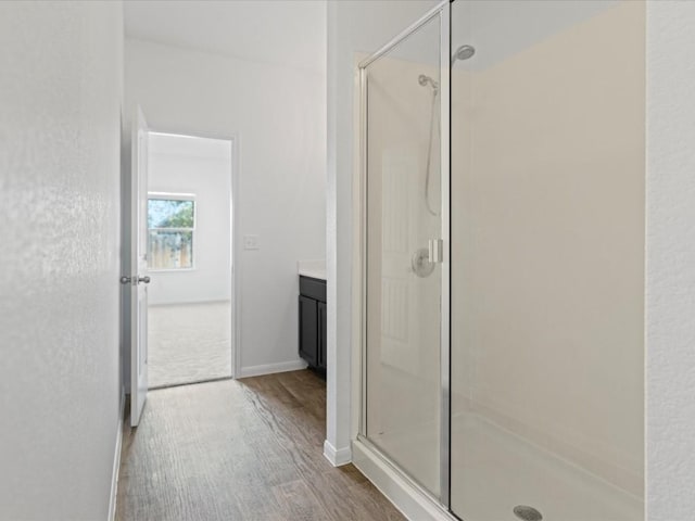 bathroom featuring hardwood / wood-style floors, vanity, and a shower with shower door