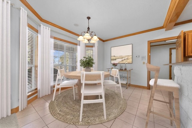 tiled dining space with crown molding, beamed ceiling, and a notable chandelier