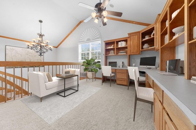 carpeted office featuring high vaulted ceiling, built in desk, ceiling fan with notable chandelier, and ornamental molding