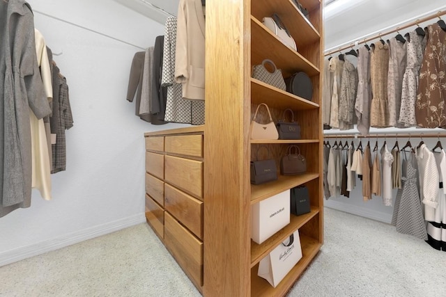 walk in closet featuring light colored carpet