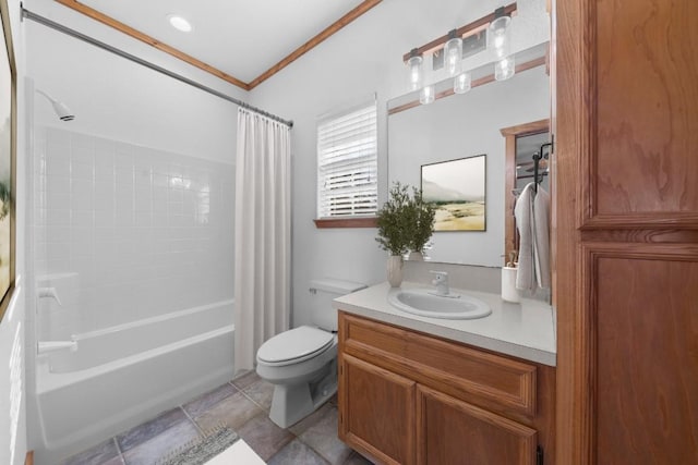 full bathroom featuring vanity, toilet, ornamental molding, and shower / tub combo