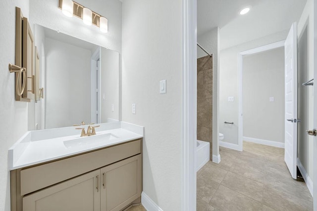 413 Canton Chase, Cibolo, TX 78108 - bathroom featuring vanity, toilet,  shower combination, and baseboards