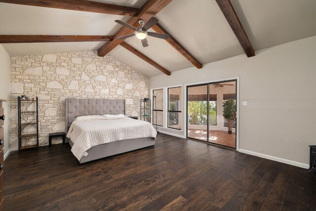 bedroom featuring ceiling fan, lofted ceiling with beams, access to exterior, and dark wood-type flooring