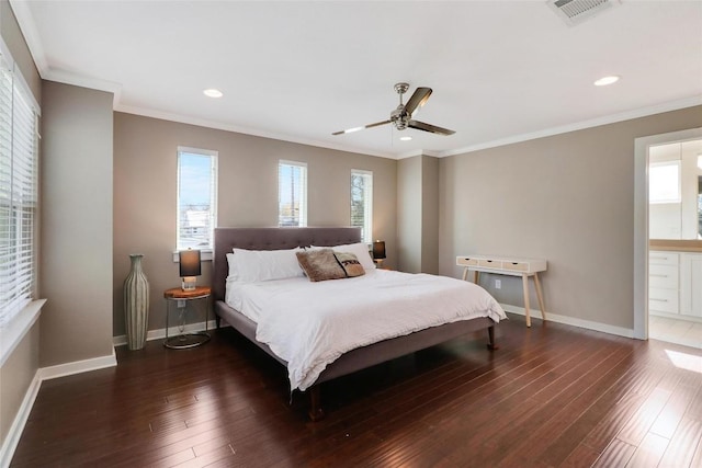 bedroom featuring connected bathroom, ceiling fan, crown molding, and dark wood-type flooring