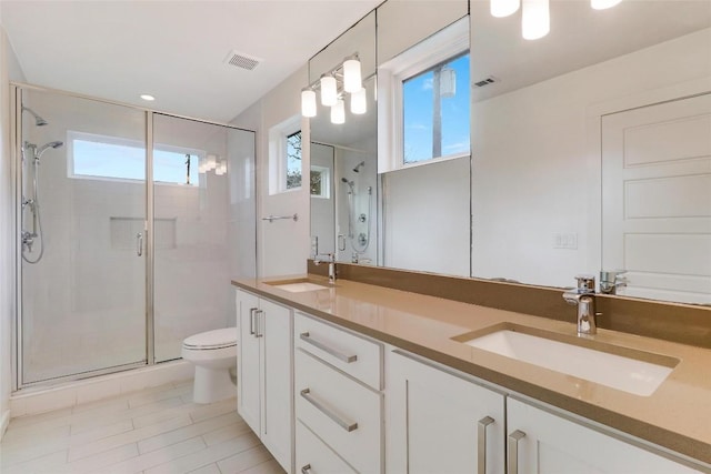 bathroom featuring toilet, vanity, and walk in shower