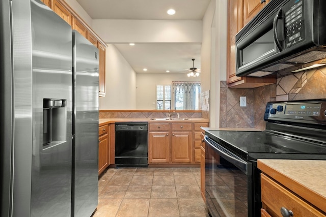 kitchen featuring black appliances, sink, decorative backsplash, ceiling fan, and light tile patterned flooring