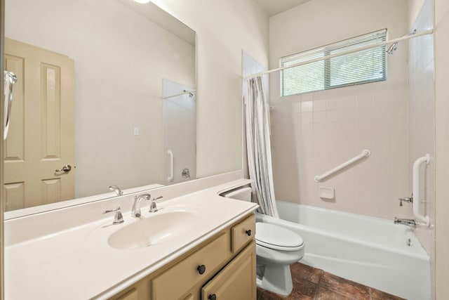 full bathroom with vanity, toilet, and shower / bath combo with shower curtain