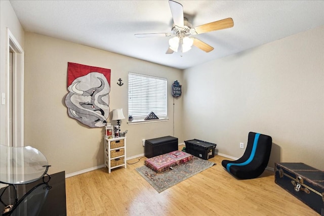 exercise room featuring ceiling fan and light hardwood / wood-style flooring