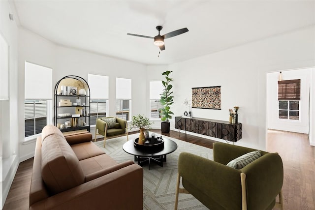 living room with wood-type flooring and ceiling fan