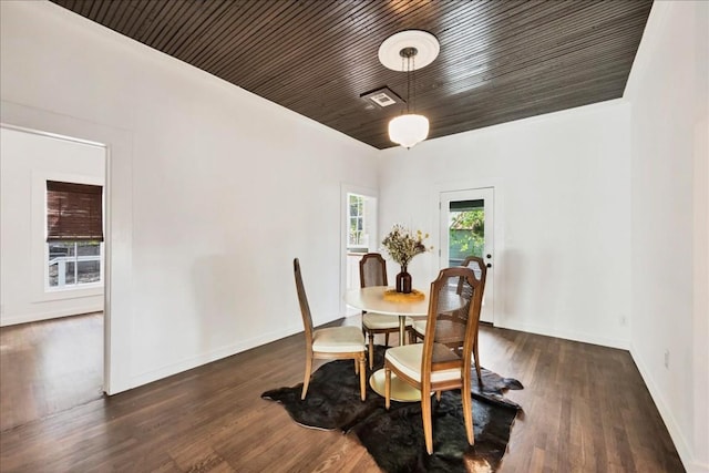 dining area featuring dark hardwood / wood-style floors and wooden ceiling