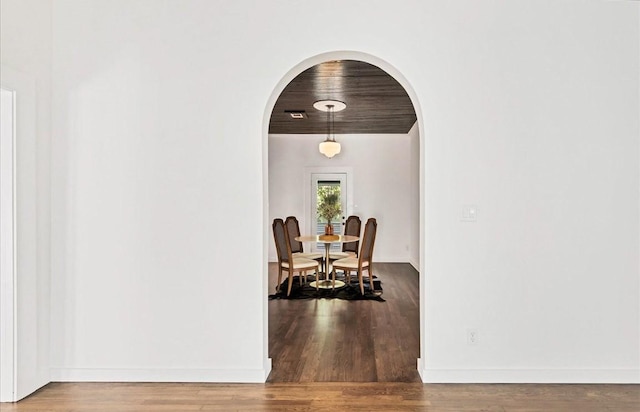 dining room with wood ceiling and wood-type flooring