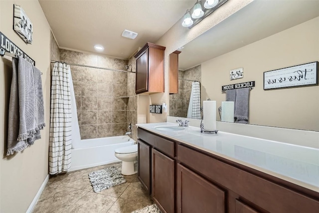 full bathroom with shower / bath combo, vanity, toilet, and tile patterned floors