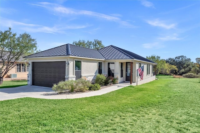 view of front of property with a front yard, a garage, and central AC unit