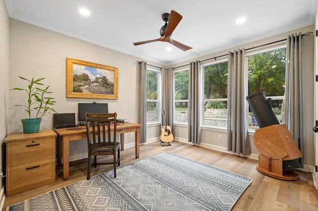 home office featuring ceiling fan, a healthy amount of sunlight, light wood-type flooring, and crown molding