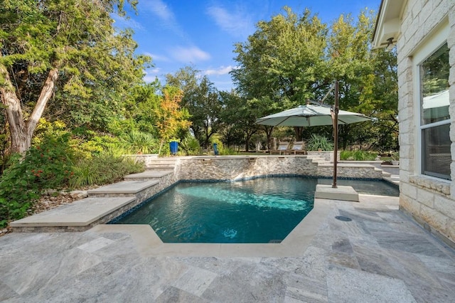 view of swimming pool featuring a patio area