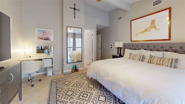 7 Hull Circle Dr, Austin, TX 78746 - bedroom featuring a desk, beam ceiling, baseboards, high vaulted ceiling, and light tile patterned flooring