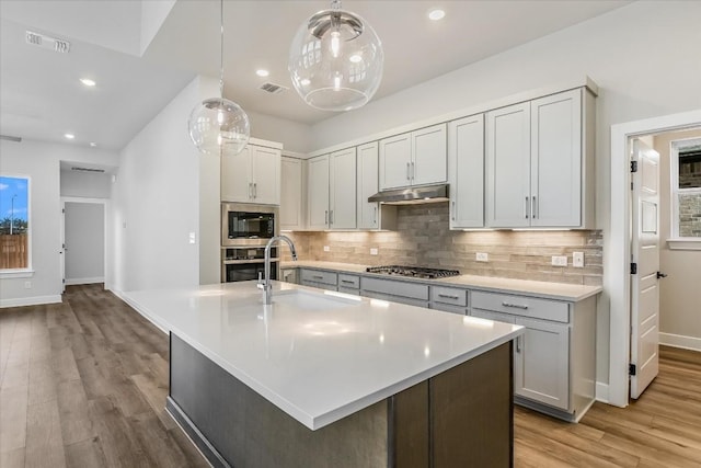 kitchen featuring appliances with stainless steel finishes, a kitchen island with sink, sink, and decorative backsplash