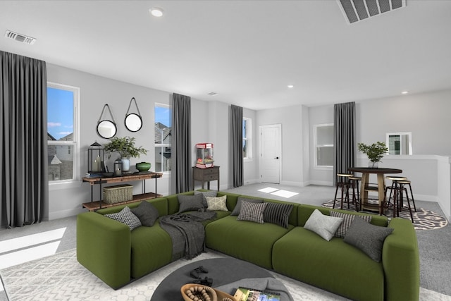 living room with light carpet