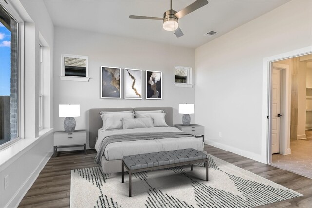bedroom featuring dark wood-type flooring and ceiling fan