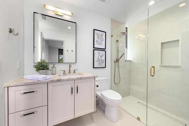 2423 S 5th St, Austin, TX 78704 - full bath featuring vanity, a shower stall, and tile patterned flooring