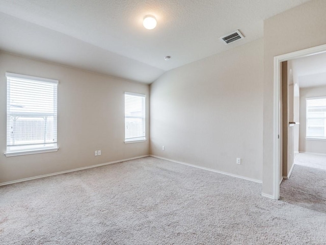 spare room featuring a healthy amount of sunlight, light colored carpet, lofted ceiling, and a textured ceiling