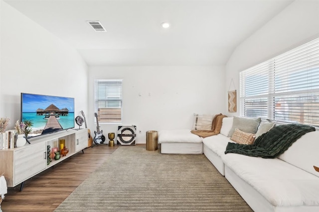 living room with lofted ceiling and dark hardwood / wood-style floors