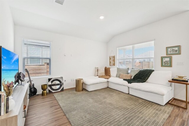 living room with wood-type flooring and lofted ceiling