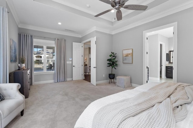 bedroom featuring ceiling fan, crown molding, ensuite bathroom, and light colored carpet