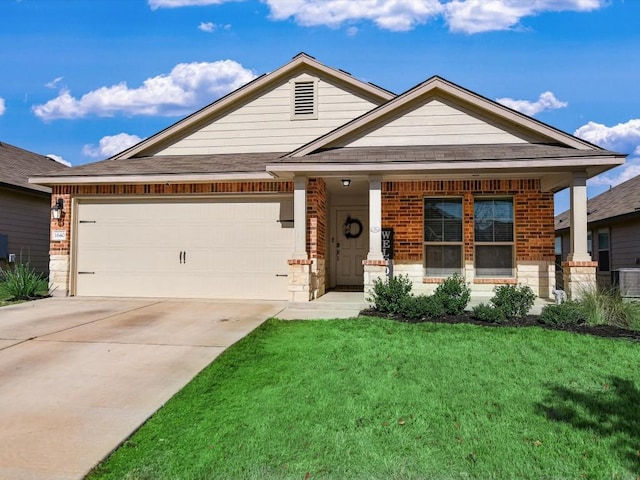 view of front of house with an attached garage, covered porch, brick siding, driveway, and a front yard