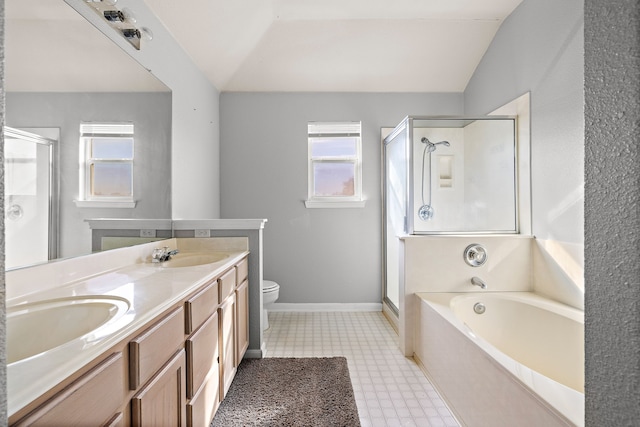 full bathroom featuring toilet, shower with separate bathtub, lofted ceiling, and vanity