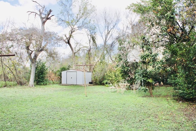 view of yard featuring a storage shed