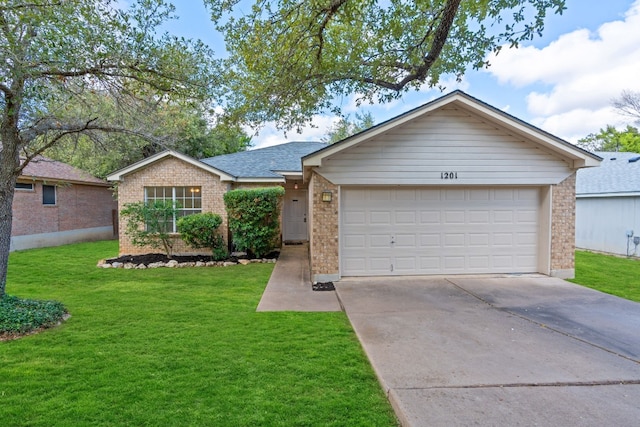 ranch-style home featuring a front yard and a garage