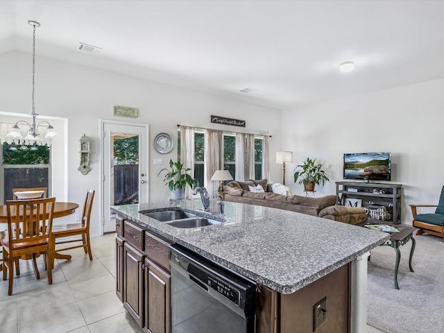 kitchen with dishwasher, a kitchen island with sink, sink, a notable chandelier, and dark brown cabinetry