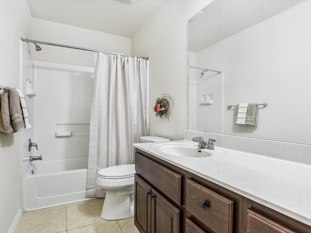 full bathroom featuring toilet, tile patterned flooring, vanity, and shower / tub combo with curtain