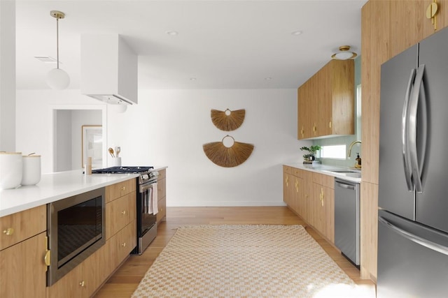 kitchen featuring hanging light fixtures, appliances with stainless steel finishes, sink, and light hardwood / wood-style flooring