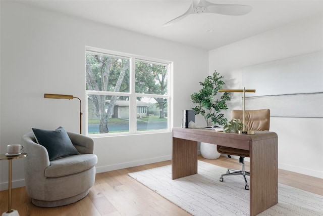 office area featuring wood finished floors, a ceiling fan, and baseboards