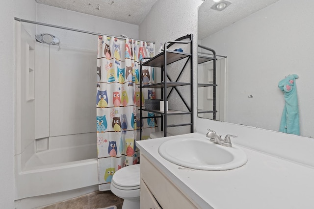 full bathroom featuring vanity, a textured ceiling, toilet, and shower / tub combo with curtain