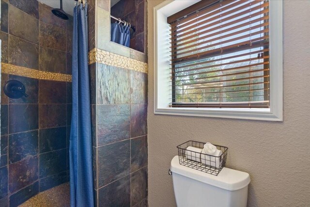 bathroom with a shower with curtain and toilet