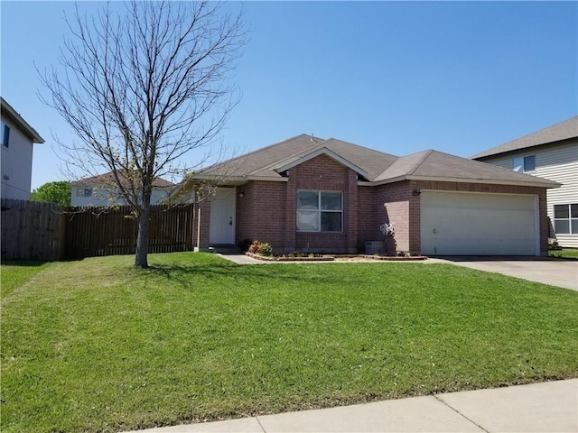 ranch-style home featuring central AC unit, a garage, and a front lawn