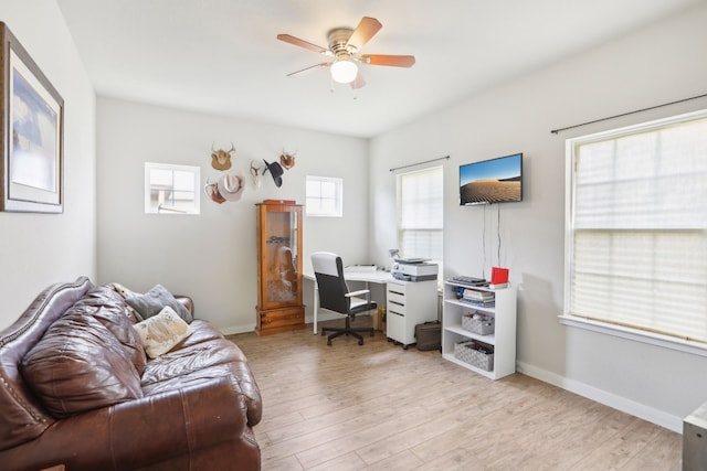 office area featuring ceiling fan and light hardwood / wood-style flooring