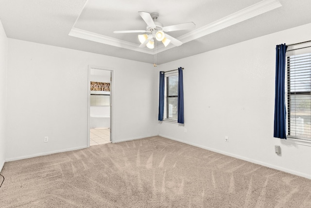 spare room with crown molding, a raised ceiling, and light carpet