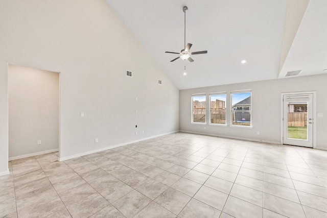 unfurnished living room with high vaulted ceiling, ceiling fan, and light tile patterned flooring