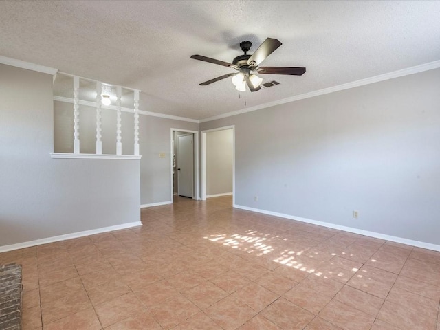 spare room featuring ceiling fan, crown molding, and a textured ceiling