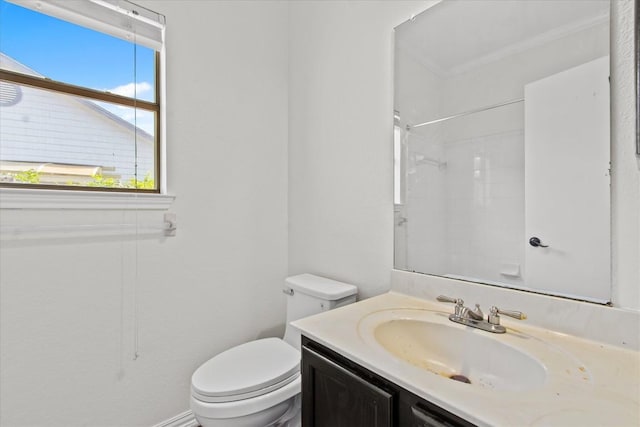 bathroom with a shower, vanity, and toilet