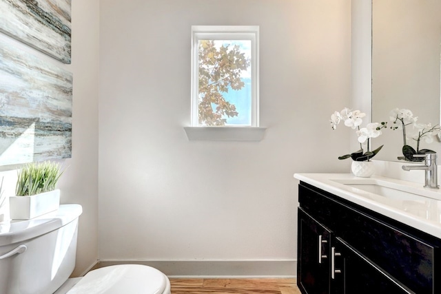 bathroom with vanity, hardwood / wood-style flooring, and toilet