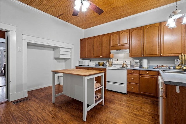 kitchen featuring dark hardwood / wood-style flooring, white appliances, wooden ceiling, and ornamental molding