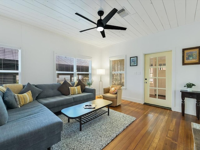 living room with dark hardwood / wood-style flooring, plenty of natural light, wooden ceiling, and ceiling fan