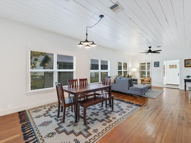 dining room with visible vents, wood ceiling, hardwood / wood-style floors, and ceiling fan with notable chandelier