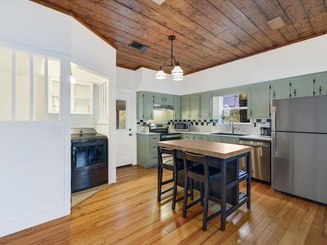 kitchen featuring green cabinetry, washer / dryer, stainless steel appliances, wood ceiling, and a sink
